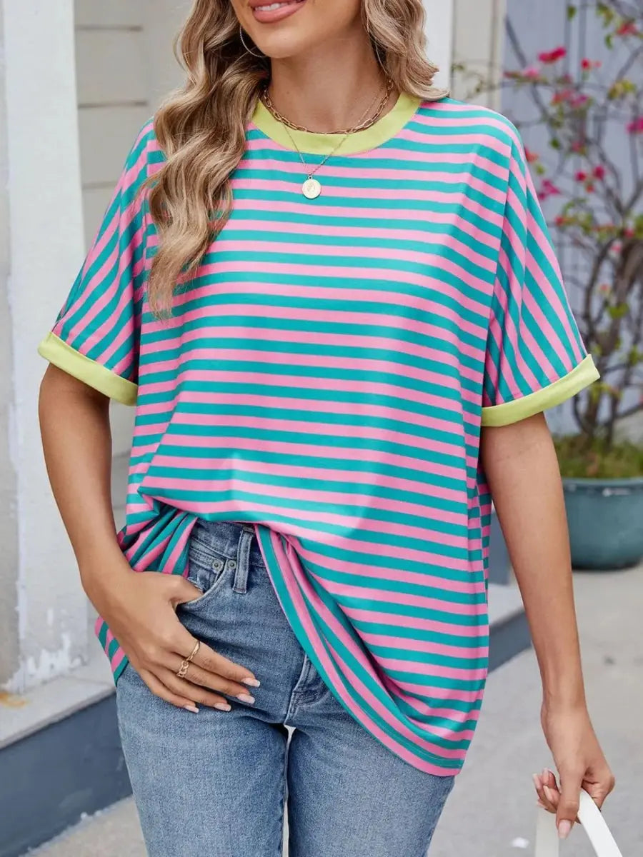 Stylish Striped Round Neck Half Sleeve T-Shirt for Women - Love Salve 