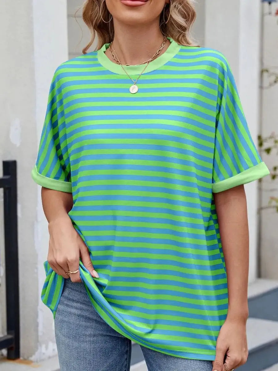 Stylish Striped Round Neck Half Sleeve T-Shirt for Women - Love Salve 