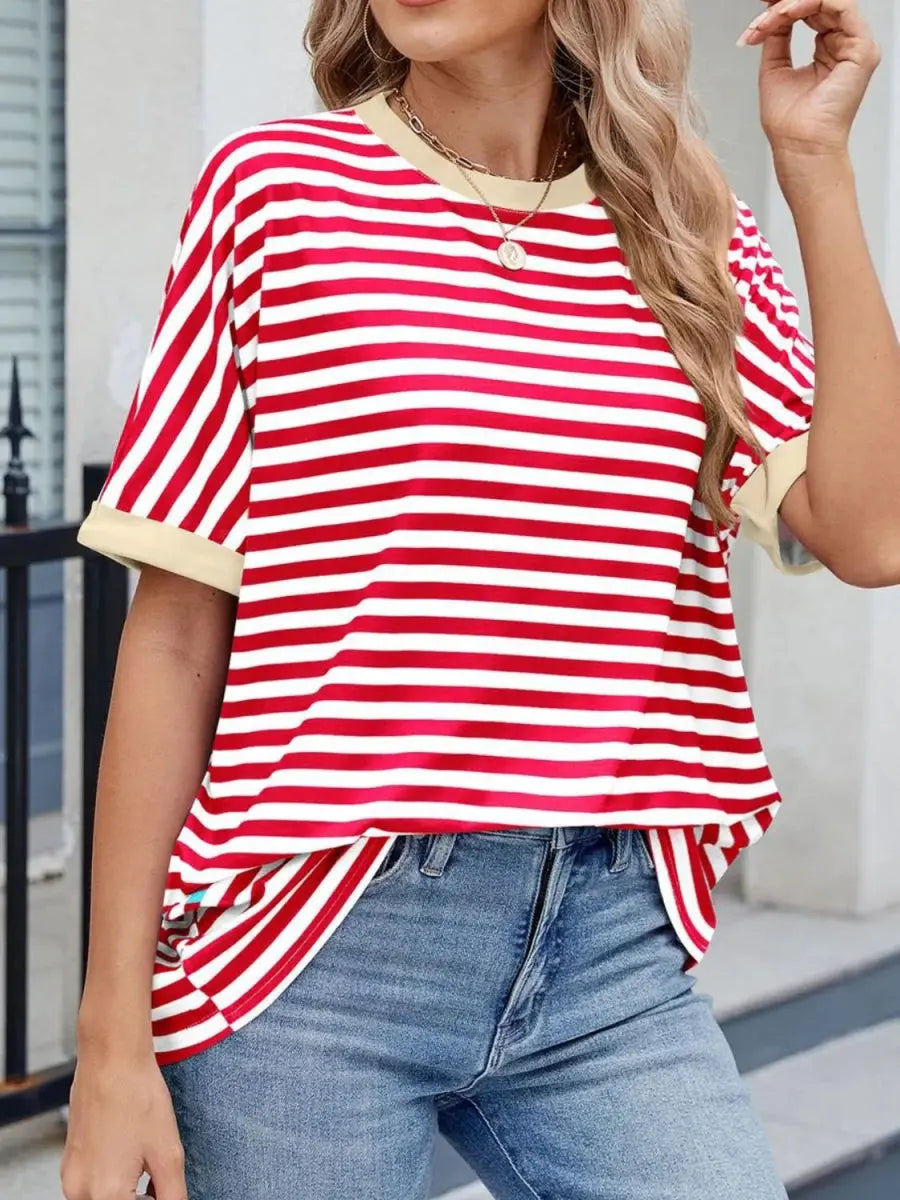 Stylish Striped Round Neck Half Sleeve T-Shirt for Women - Love Salve 