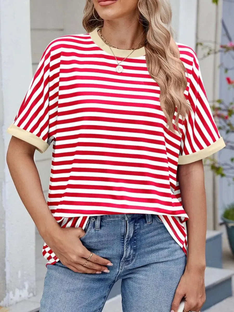 Stylish Striped Round Neck Half Sleeve T-Shirt for Women - Love Salve 