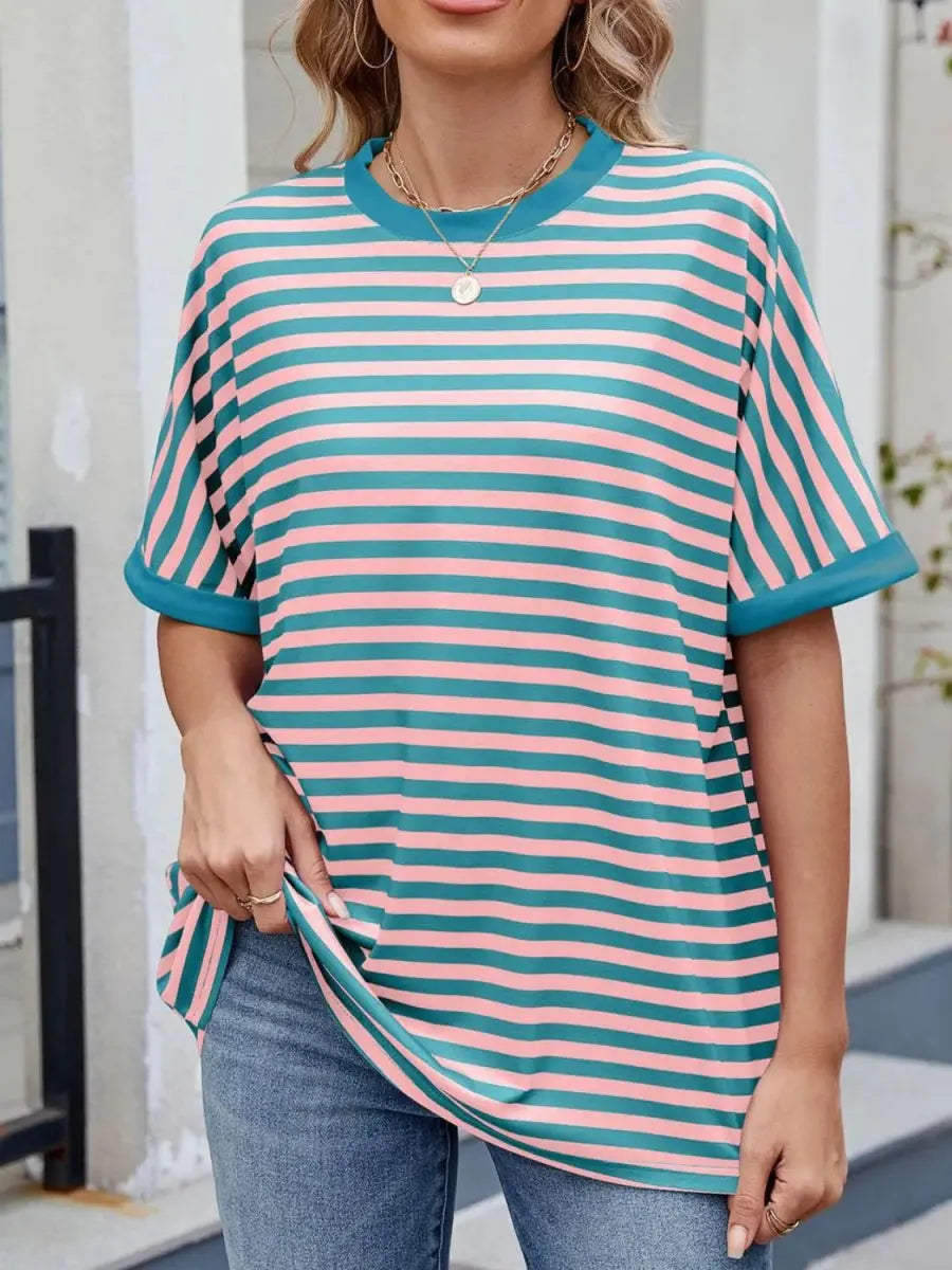 Stylish Striped Round Neck Half Sleeve T-Shirt for Women - Love Salve 