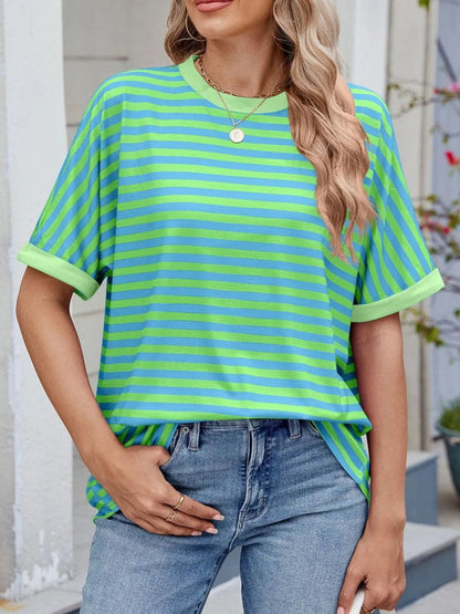 Stylish Striped Round Neck Half Sleeve T-Shirt for Women - Love Salve 