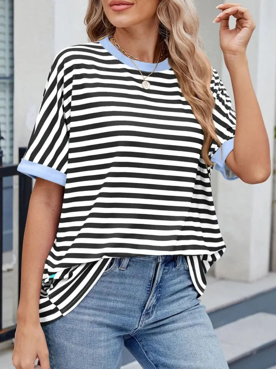 Stylish Striped Round Neck Half Sleeve T-Shirt for Women - Love Salve 