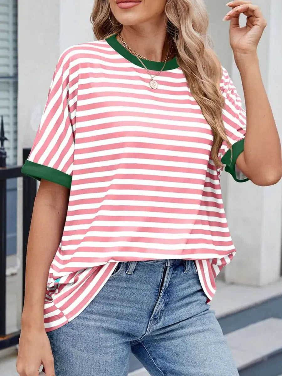 Stylish Striped Round Neck Half Sleeve T-Shirt for Women - Love Salve 