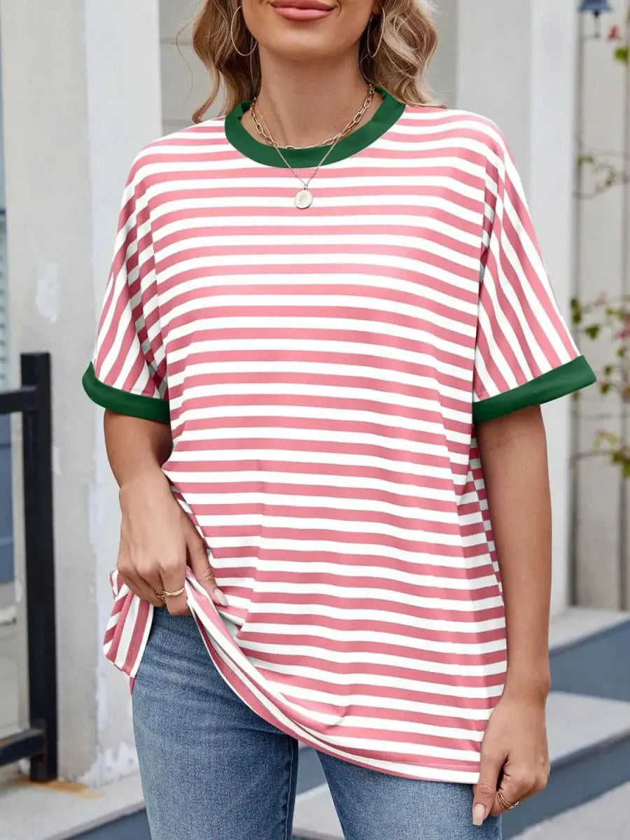 Stylish Striped Round Neck Half Sleeve T-Shirt for Women - Love Salve 