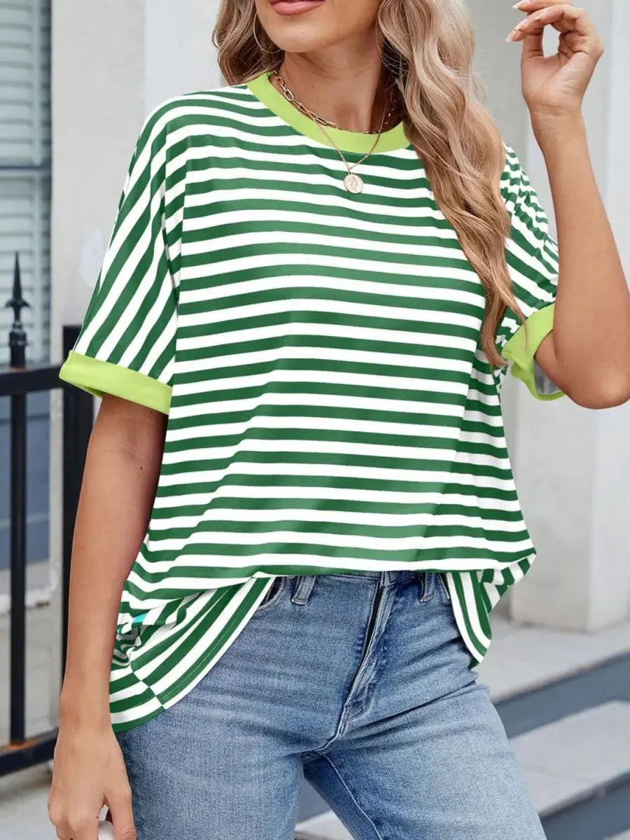 Stylish Striped Round Neck Half Sleeve T-Shirt for Women - Love Salve 