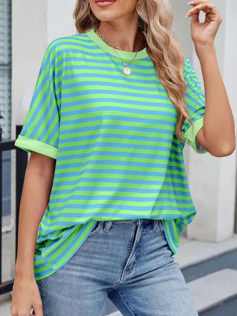 Stylish Striped Round Neck Half Sleeve T-Shirt for Women - Love Salve 