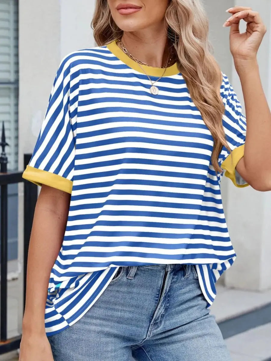 Stylish Striped Round Neck Half Sleeve T-Shirt for Women - Love Salve 