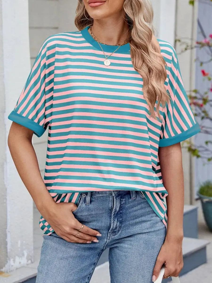 Stylish Striped Round Neck Half Sleeve T-Shirt for Women - Love Salve 