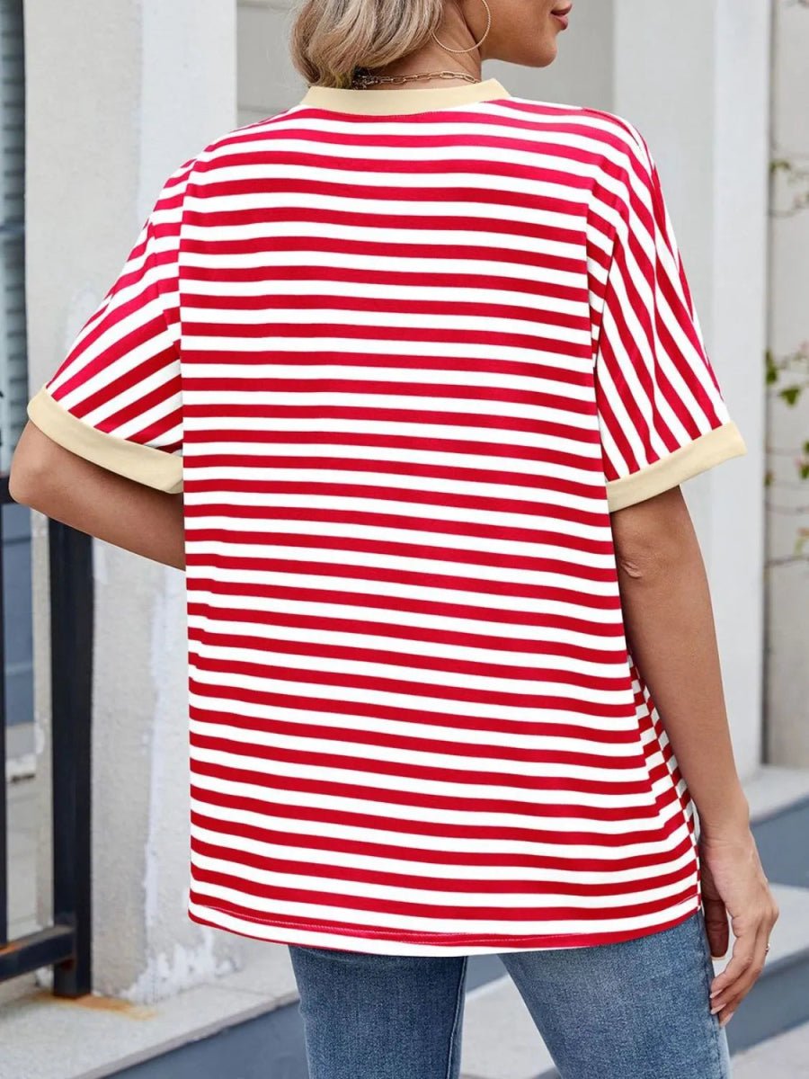Stylish Striped Round Neck Half Sleeve T-Shirt for Women - Love Salve 