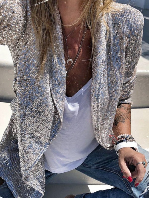Stylish Women's Sequined Long - Sleeved Mid - Length Lapel Blazer - Love Salve