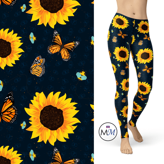 Butterfly, BumbleBee and Sunflowers Leggings Blue with Pockets MM