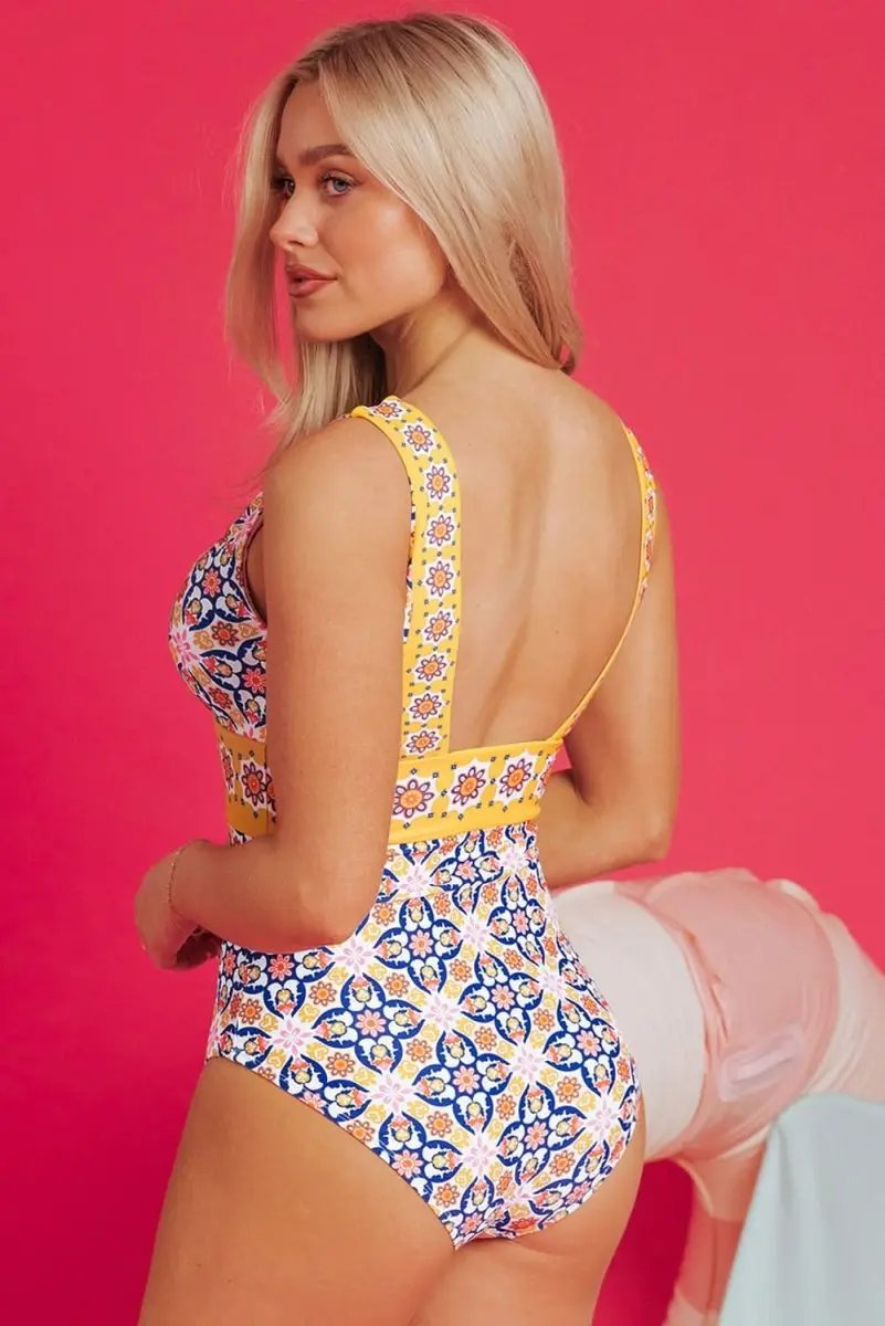 Sun-Kissed Yellow Floral V Neck Monokini Swimsuit - Love Salve 