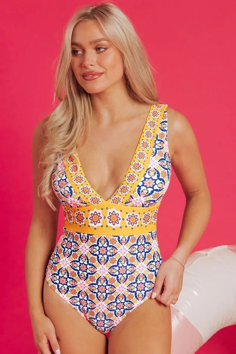 Sun-Kissed Yellow Floral V Neck Monokini Swimsuit - Love Salve 
