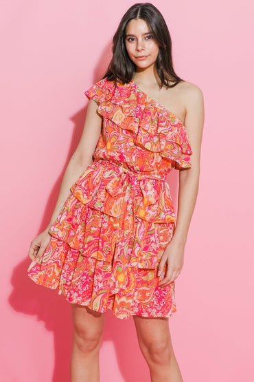 SUNFLOWER FIELDS ONE SHOULDER MINI DRESS - Love Salve