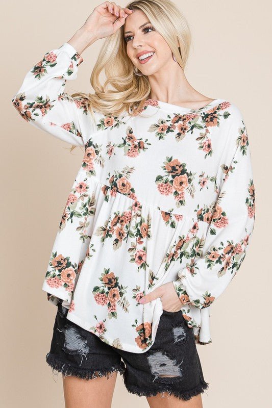 Super Lady Full Size Babydoll Floral Boat Neck Blouse - Love Salve 