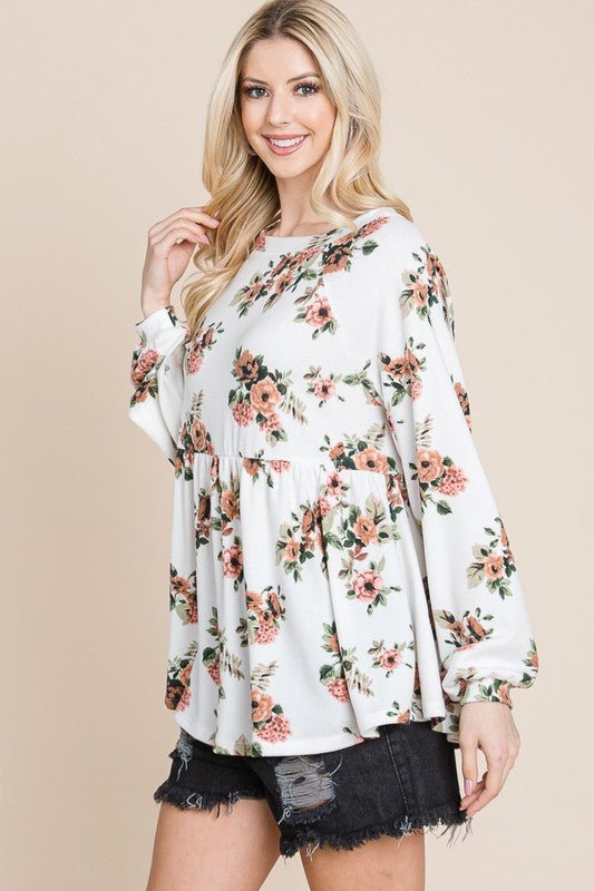 Super Lady Full Size Babydoll Floral Boat Neck Blouse - Love Salve 