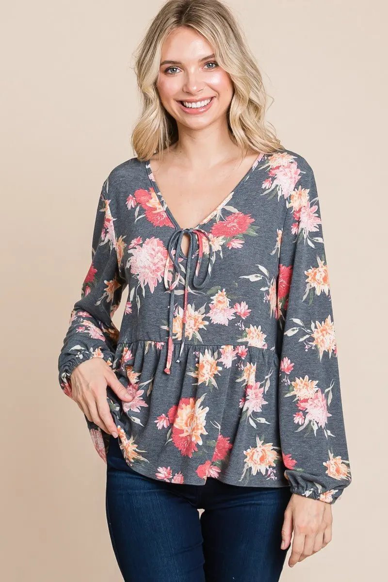 Super Lady Full Size Babydoll Floral Long Sleeve Blouse - Love Salve 