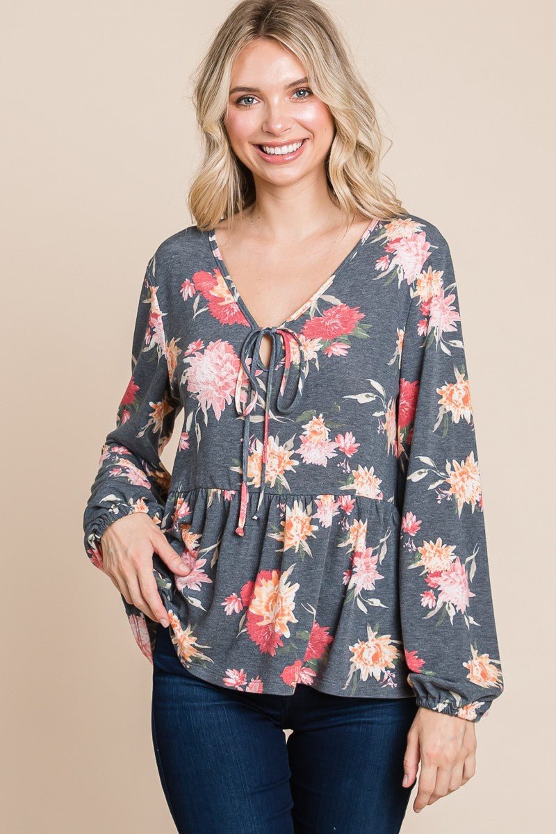 Super Lady Full Size Babydoll Floral Long Sleeve Blouse - Love Salve 