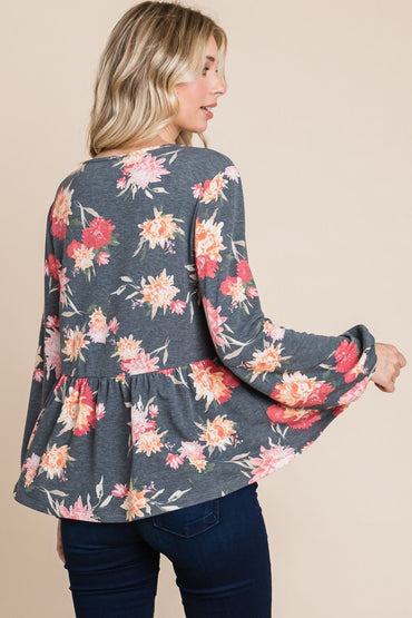 Super Lady Full Size Babydoll Floral Long Sleeve Blouse - Love Salve 