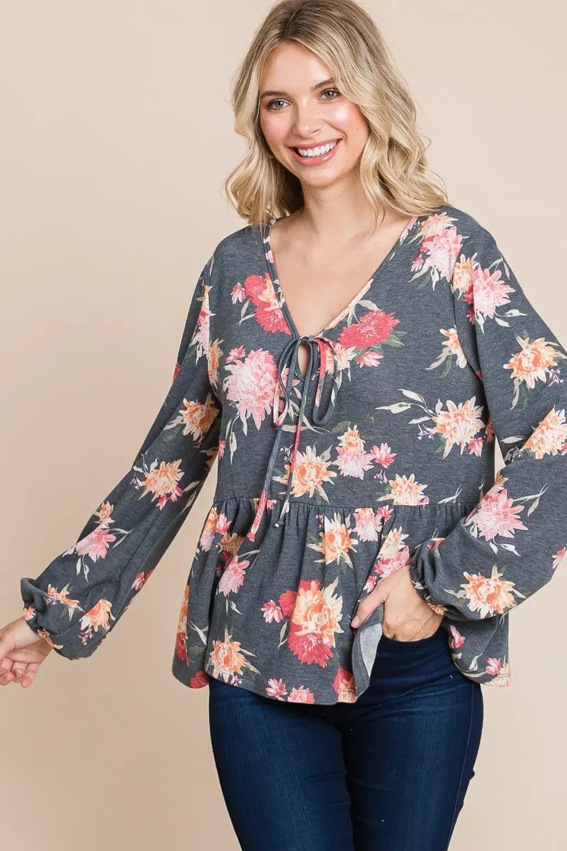 Super Lady Full Size Babydoll Floral Long Sleeve Blouse - Love Salve 
