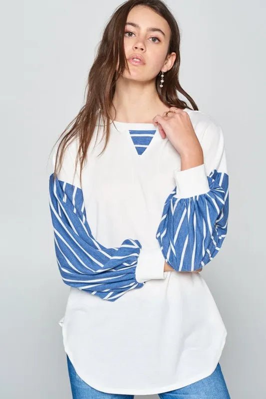 Super Lady Full Size French Terry Striped Long Sleeve Top - Love Salve