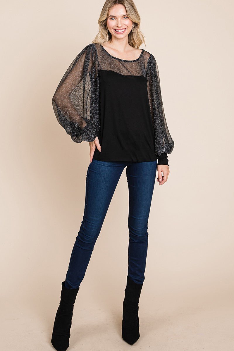 Super Lady Full Size Metallic Mesh Lantern Sleeve Blouse - Love Salve 
