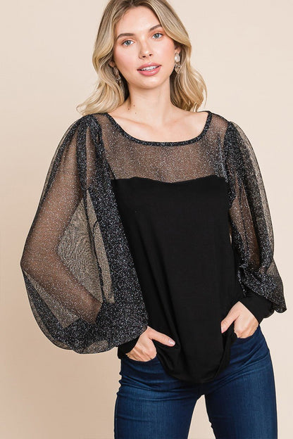 Super Lady Full Size Metallic Mesh Lantern Sleeve Blouse - Love Salve 