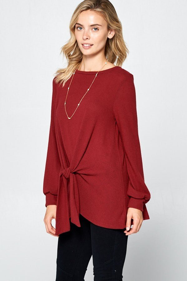 Super Lady Full Size Round Neck Knot Front Hacci Blouse - Love Salve 