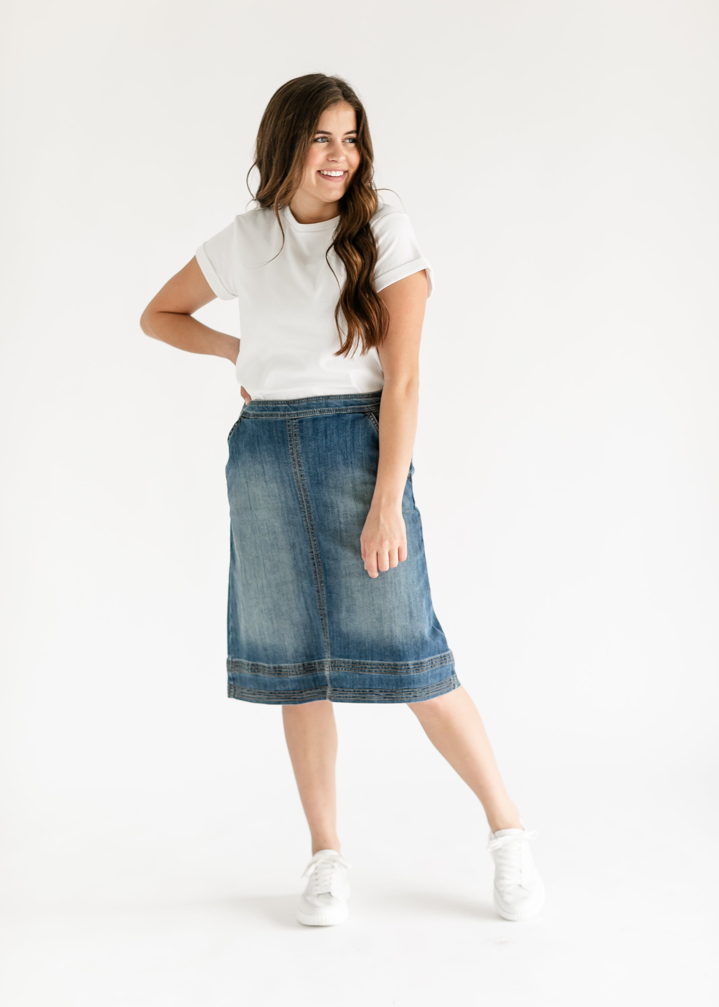 Sutton Side Zip A-line Denim Midi Skirt - FINAL SALE Inherit Co.