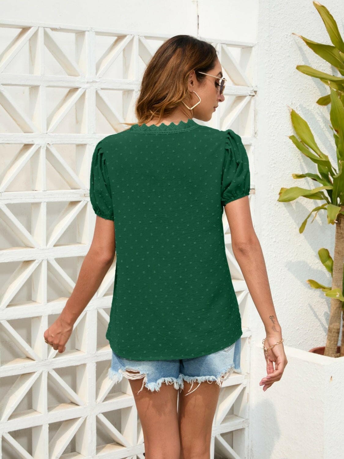 Elegant V-Neck Blouse with Swiss Dot Lace DetailUpgrade Your Style with Our Elegant V-Neck Blouse
 
 
Exquisite Lace Detail: Embrace sophistication with intricate lace accents that elevate your look.
 
Swiss Dot DLove Salve Swiss Dot Lace DetailColor