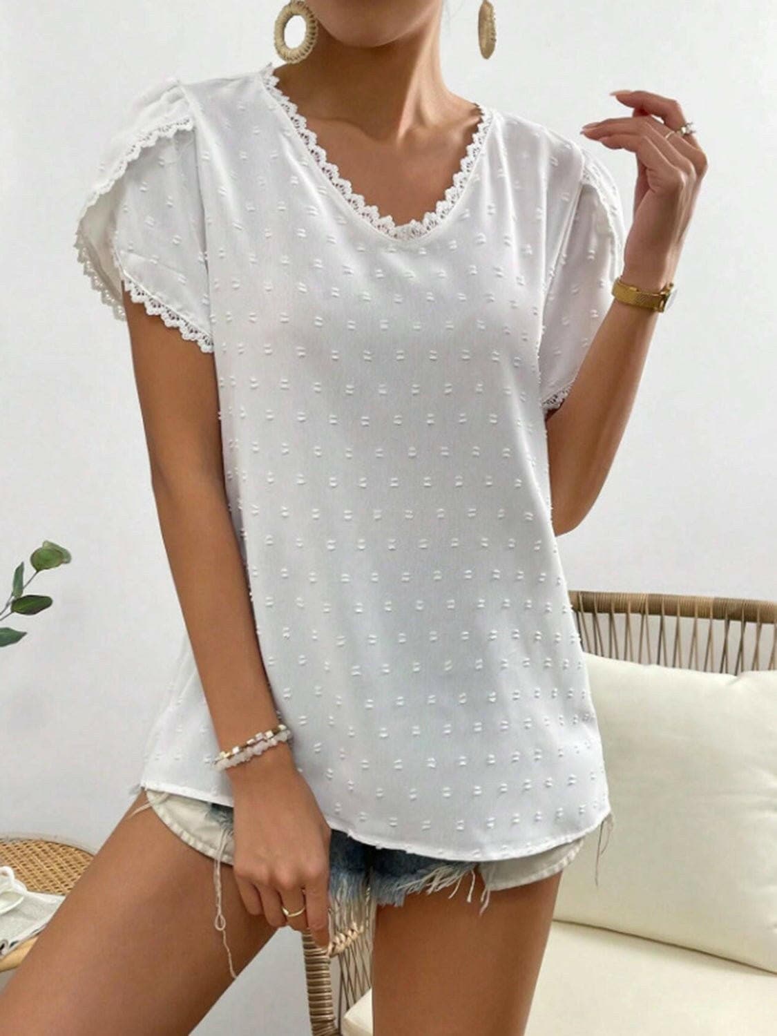 Swiss Dot Lace Detail V-Neck Petal Sleeve Blouse - Love Salve