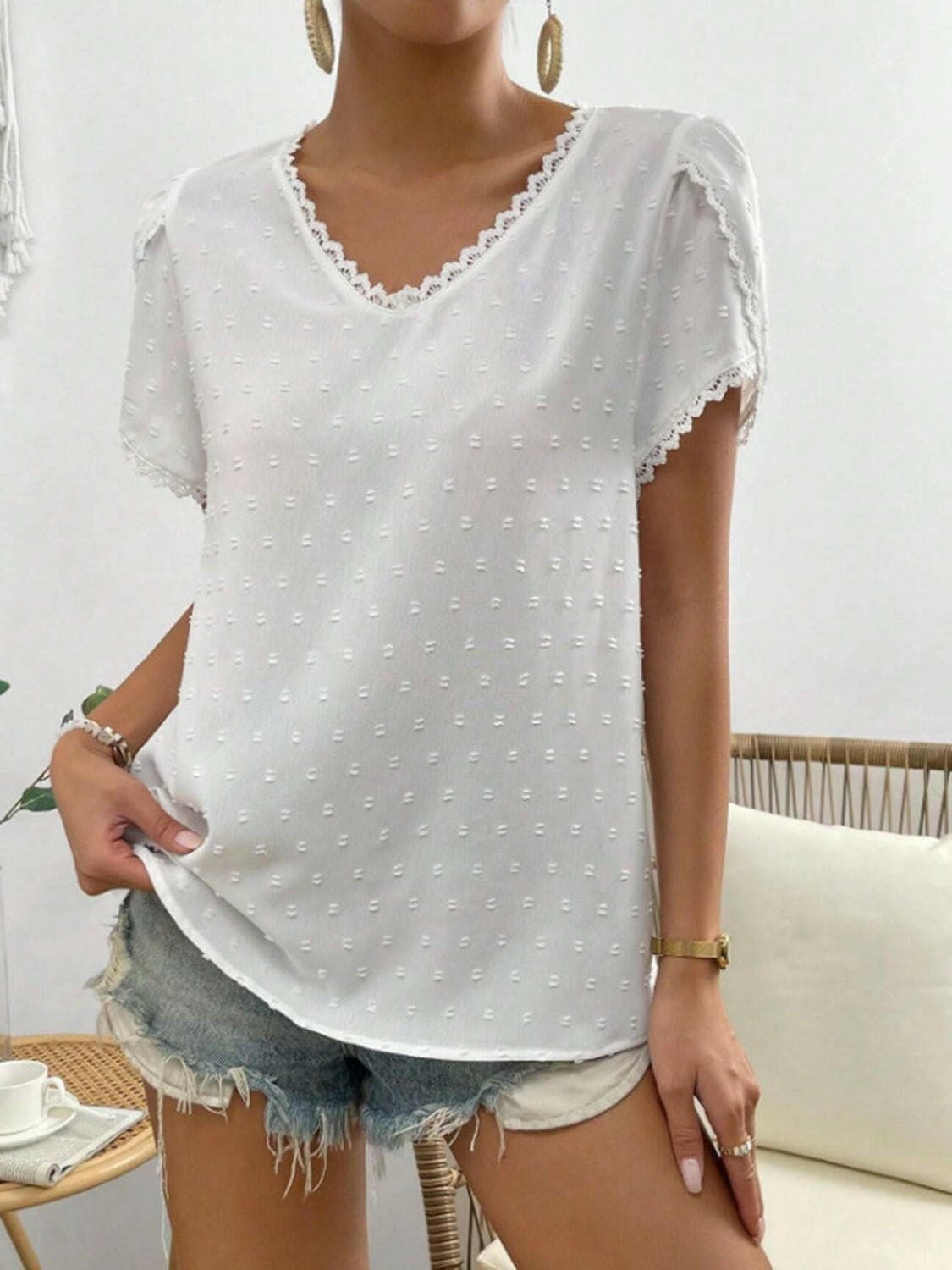 Chic lace v-neck blouse with Swiss dot pattern