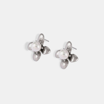 Synthetic Pearl Titanium Steel Flower Earrings - Love Salve