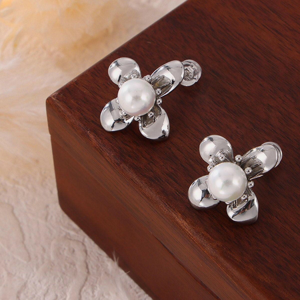 Synthetic Pearl Titanium Steel Flower Earrings - Love Salve