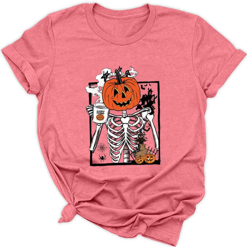 Spooky season style: Women's pumpkin skeleton graphic tee