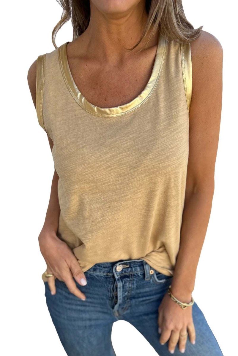 Tan Metallic Sheen Edge Scoop Neck Tank Top - Love Salve 