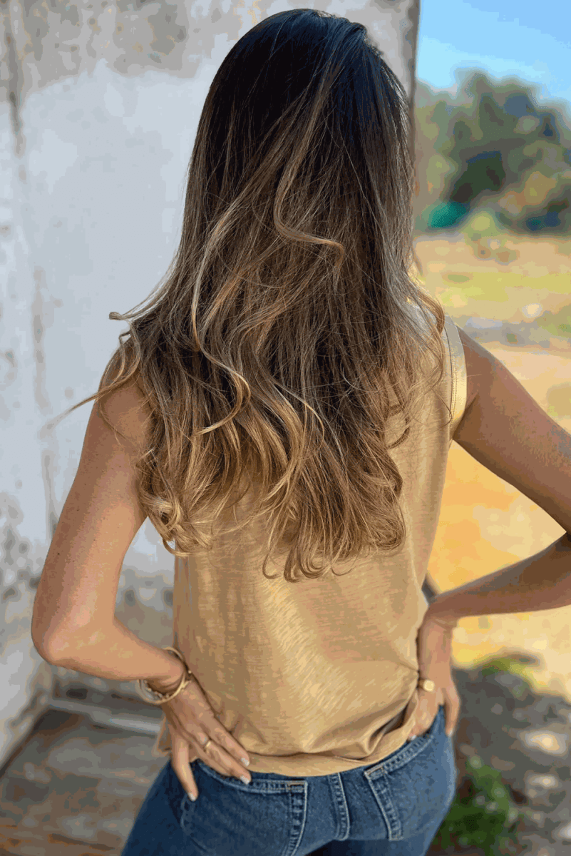 Tan Metallic Sheen Edge Scoop Neck Tank Top - Love Salve 