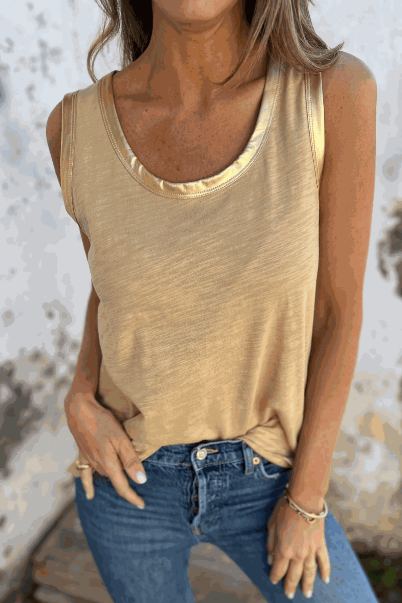 Tan Metallic Sheen Edge Scoop Neck Tank Top - Love Salve 