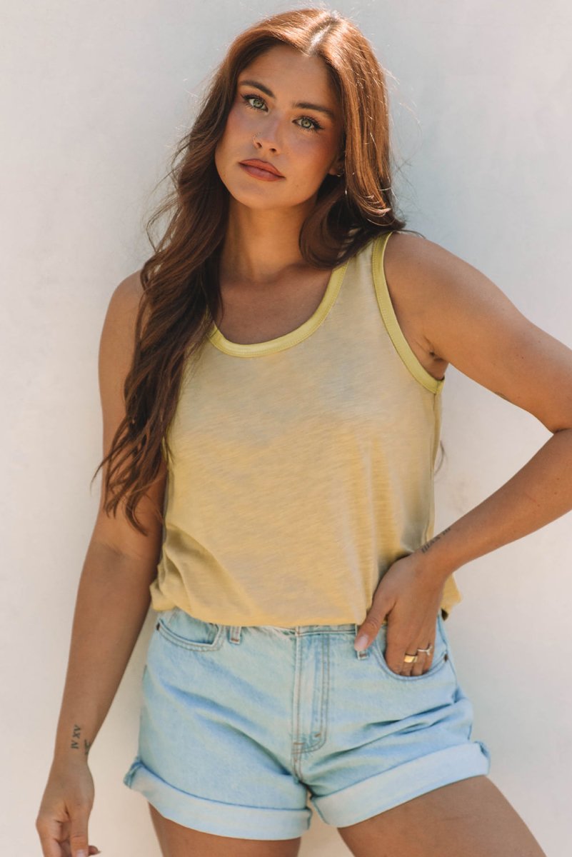 Tan Metallic Sheen Edge Scoop Neck Tank Top - Love Salve 