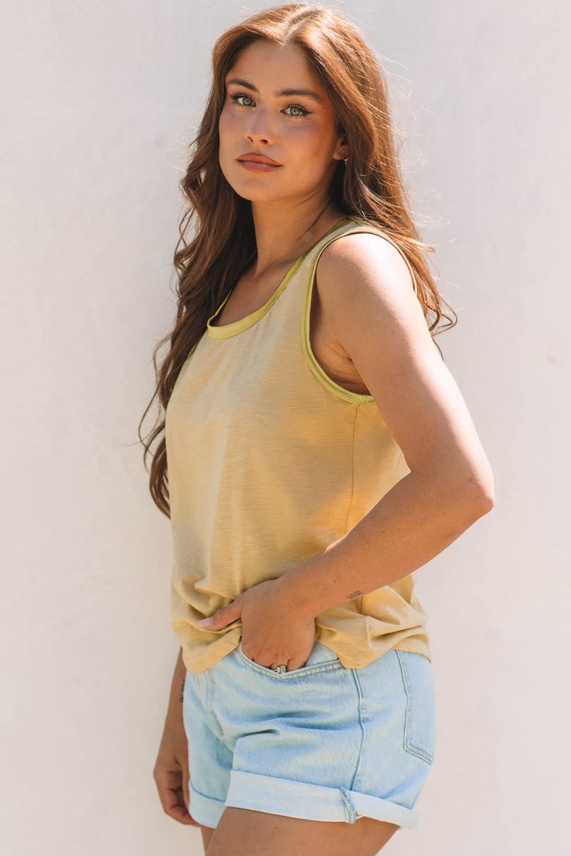 Tan Metallic Sheen Edge Scoop Neck Tank Top - Love Salve 