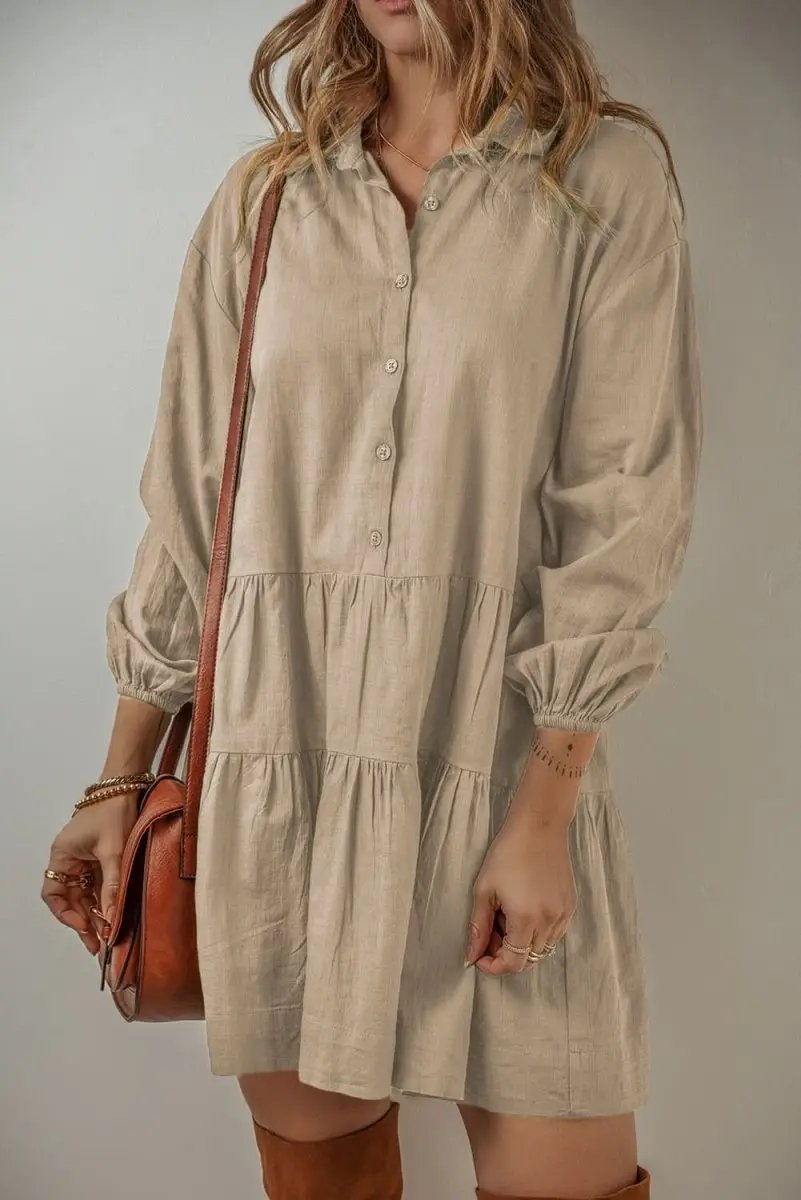 Tan Puff Sleeve Buttoned Tiered Pleated Shirt Mini Dress - Love Salve 