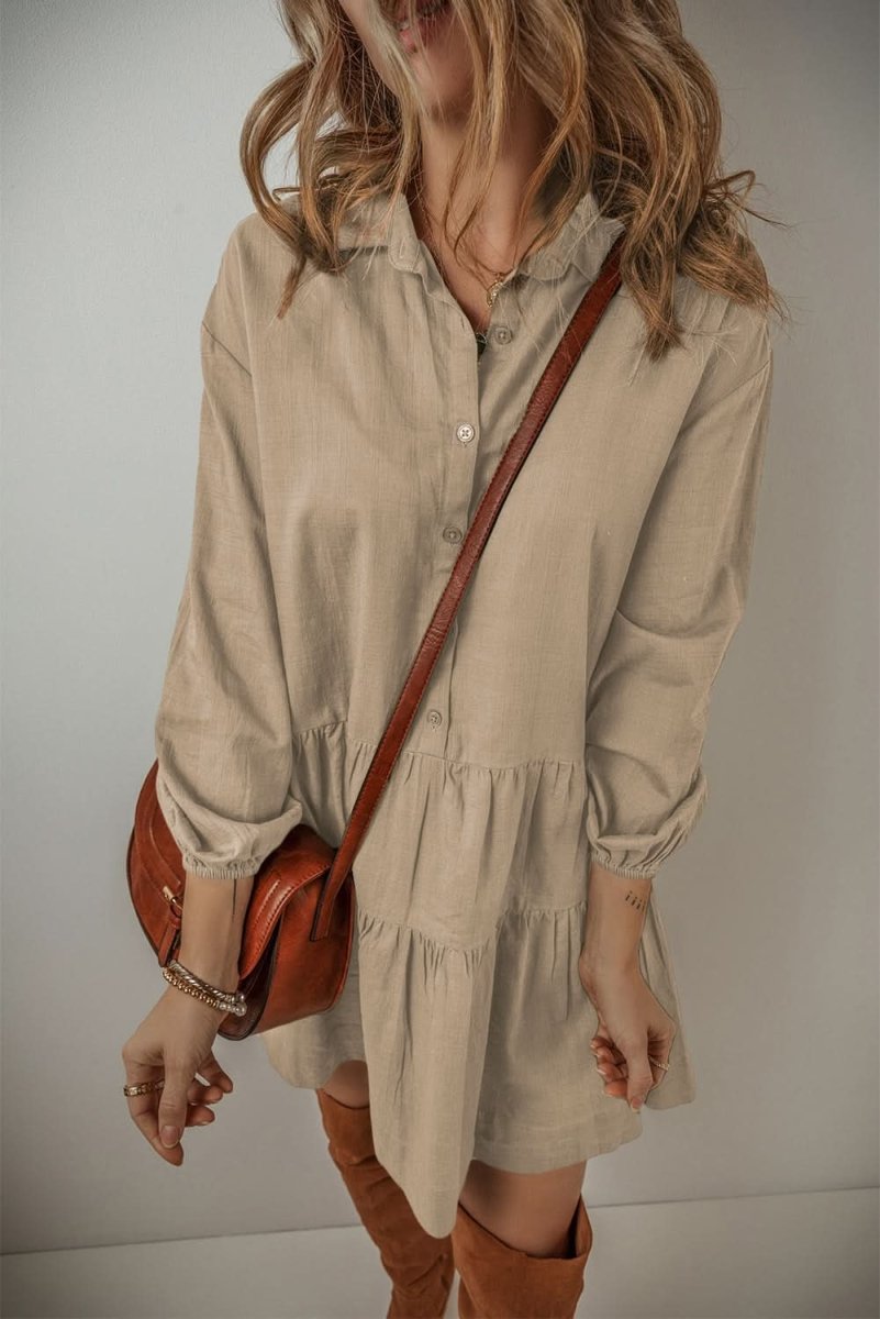 Tan Puff Sleeve Buttoned Tiered Pleated Shirt Mini Dress - Love Salve 