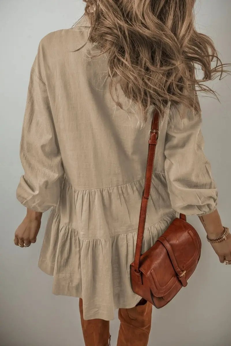 Tan Puff Sleeve Buttoned Tiered Pleated Shirt Mini Dress - Love Salve 