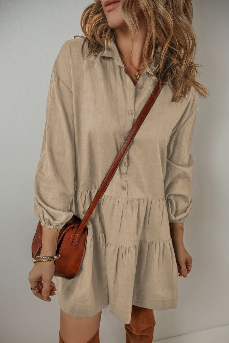 Tan Puff Sleeve Buttoned Tiered Pleated Shirt Mini Dress - Love Salve 