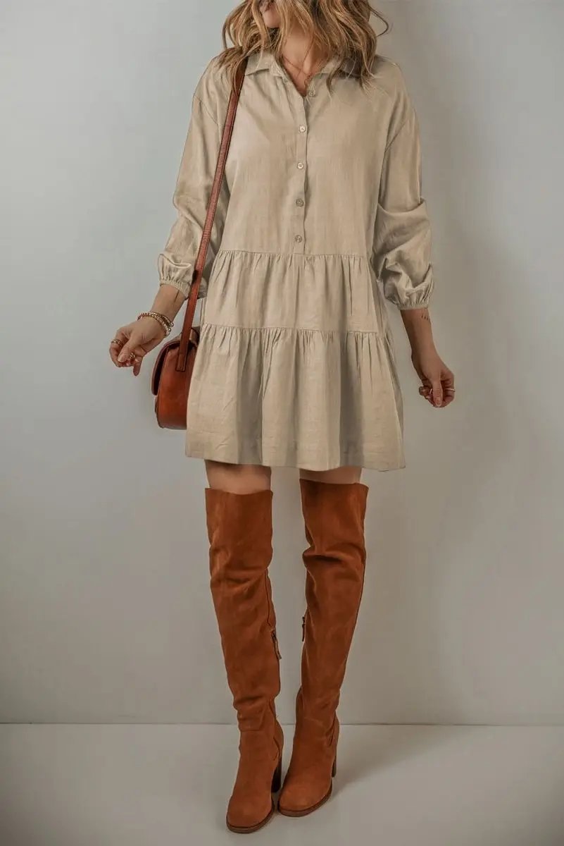 Tan Puff Sleeve Buttoned Tiered Pleated Shirt Mini Dress - Love Salve 