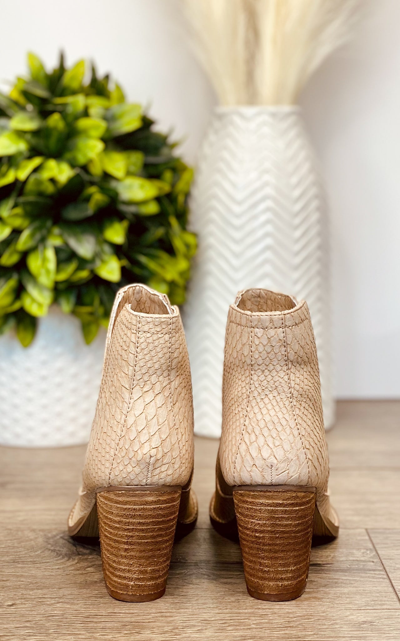 Tarim Bootie In Blush Faux Snakelike Upper Heeled Boot Naughty Monkey