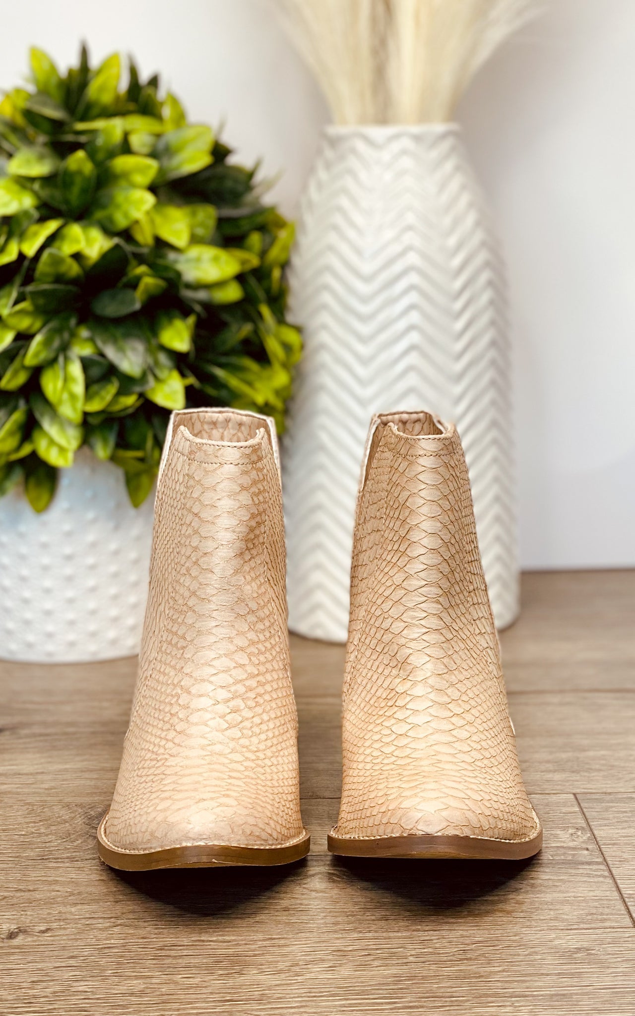 Tarim Bootie In Blush Faux Snakelike Upper Heeled Boot Naughty Monkey