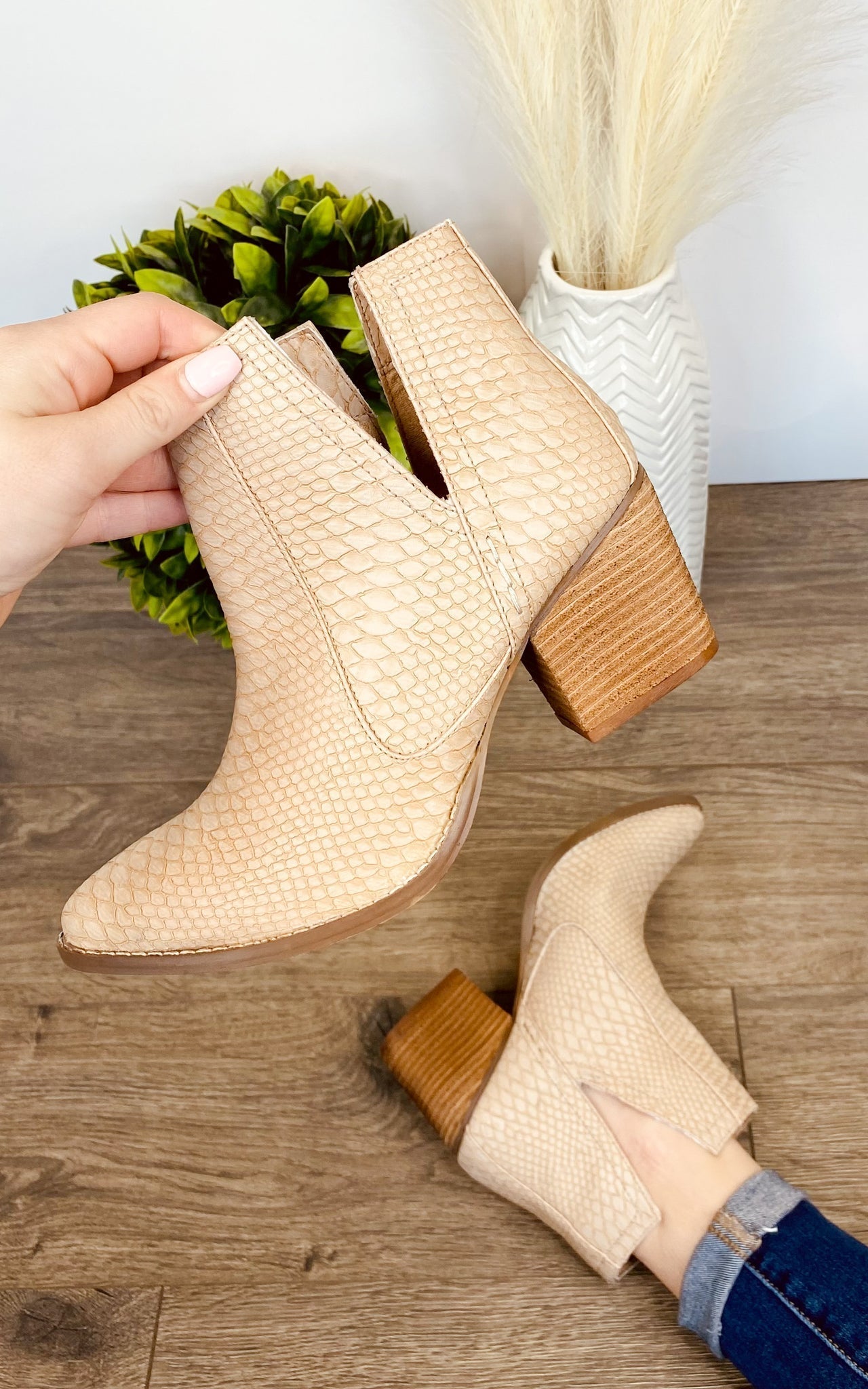 Tarim Bootie In Blush Faux Snakelike Upper Heeled Boot Naughty Monkey