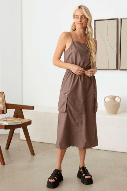 Tasha Apparel Adjustable Strap Waist Drawstring Cargo Midi Dress - Love Salve